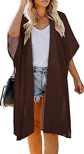 Image of Indian Trendy Women's Solid Puff Sleeve Kimono Long Cardigan Loose Cover Up Casual Blouse Top Chiffon