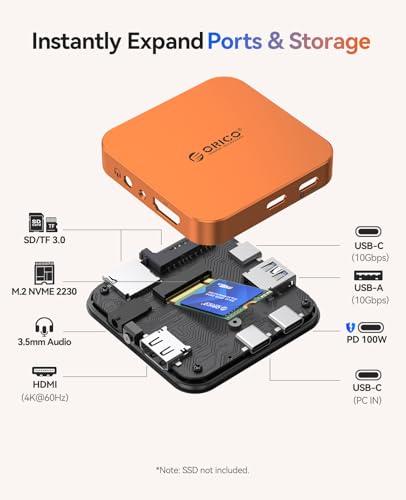 Image of ORICO Magnetic M.2 Docking Station, 8 Ports 10Gbps USB C HUB & M.2 2230 NVMe Enclosure with HDMI 4K@60Hz,SD /TF, USB-A&C 3.2, 100W PD, AUX, USBC Dock for iPhone 17 /16 /15 Pro /Pro Max
