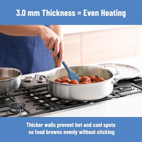Image of Misen 5-Ply Stainless Steel 6QT Rondeau - Wide, Flat Cooking Surface - Even Heating, Perfect Searing - Durable, Versatile Cookware - Oven-Safe to 800F, Induction Compatible