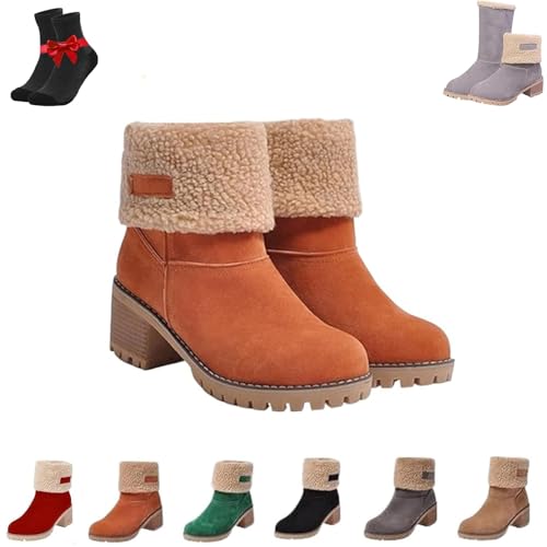 Kirposh Bottes de neige à talon épais et bout rond for femme, chaussures d'hiver chaudes à bout rond avec fermeture éclair latérale, bottines d'hiver grande taille(Orange,42 EU)