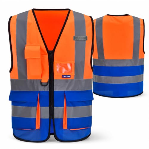 Image of A-SAFETY High Visibility Reflective Vest, Mic Tabs, Zipper, Orange /Blue, M