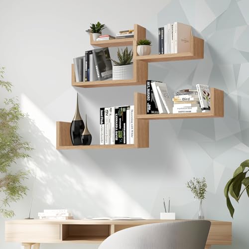 TOSCALETTI Wandregal Holz Set von 5 Schweberegal für Wanddekoration Kleines Floating Regal Wand für DIY Display Schmal Hängeregal für Schlafzimmer, Küche, Badezimmer, Wohnzimmer Farbe Braun Montiert