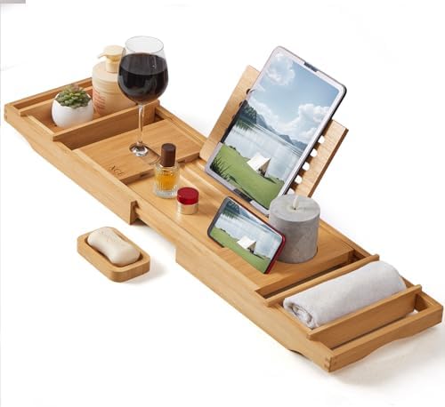 XcE Bamboo Bathtub Caddy Tray - Expandable to 41 Inches with Book...