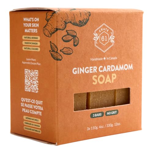 Crate 61 Organics, Handmade in Canada, Plant Based Natural Bar Soap Cold Pressed For Face & Body, w/Premium Essential Oils, For Men & Women 3 Pack (Ginger Cardamom)