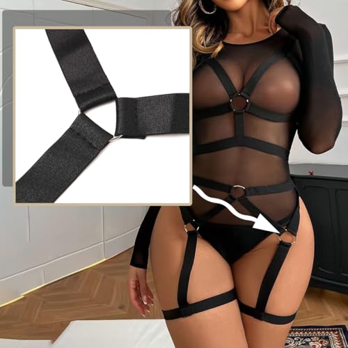 NewBull Damen Body Harness BH Mode Durchgehender Mesh Bodysuit mit Verstellbaren Breiten Trägern Punk Cut Out Harness Körper Voll Riemchen Dessous Damen Harness Strappy