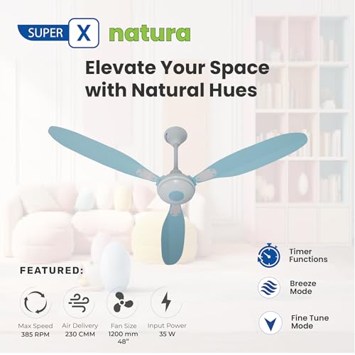 Image of Superfan SuperX1 Natura 1200mm (48 Inch) High Speed BLDC Ceiling Fan with Remote | 385 RPM | 230 CMM Airflow | 35W Power Saving Fan | Award-Winning Design | 5 Year Warranty (Light Blue)
