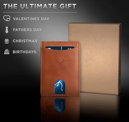 Image of Contacts Genuine Leather Money Clip Wallet Slim Front Pocket RFID Blocking Card Holder Minimalist Mini Bifold for Men's with Smart Pull Strap 8 Card Slots Photo ID (Temp)