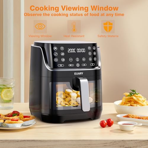 EUARY Freidora Sin Aceite 8L 1700W Freidora de Aire Caliente con 12 Programas Pantalla LED Táctil AirFryer con 32 Recetas en Español y Precalentar