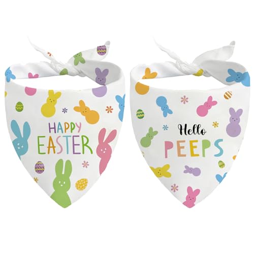 Easter Dog Bandanas 2 Pack Adjustable Colorful Bunnies Eggs Triangle Easter Dog Outfits Reversible Pet Costume for Small Medium Large Dogs