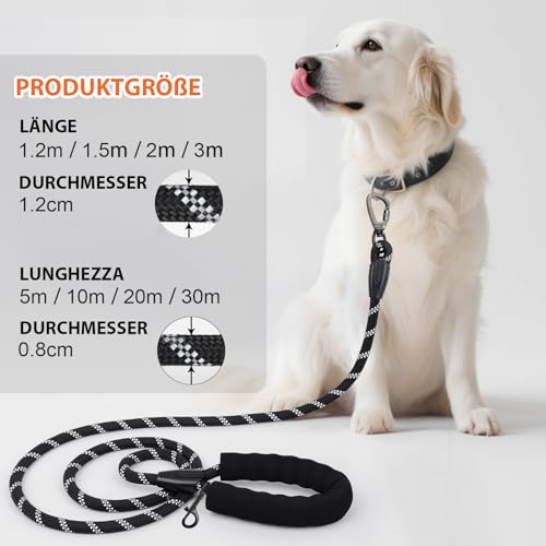 Hundeleine, 1,2 m/1,5 m/2 m/3 m/5 m/10 m/20 m/30 m, mit gepolstertem Robuste Hundeleine, geeignet für das Training und Spazierengehen kleine mittelgroßer und Hunde Abschließbarer Karabine