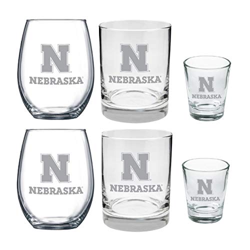 Get Special Price Nebraska Cornhuskers 6 Piece Satin Etched Beverage Set- includes two wines, two rocks and two shot glasses.