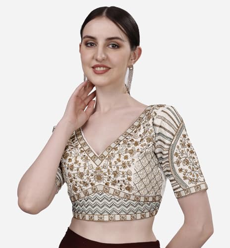 Image of Pujia Mills Mills Women's Fancy Readymade Heavy Coding Embroidary Worked Half Sleeve Multicolor Saree Blouse(Mushroom)