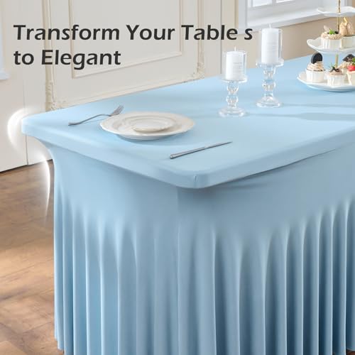 Image of NSSONBEN 2 pk Dusty Blue Spandex Tablecloth for 8 Foot Rectangle Tables,Wrinkle Free Fitted Spandex Table Covers 8ft Stretch Table Cloths with Ruffle Skirt for Parties Weddings Banquet Baby Shower