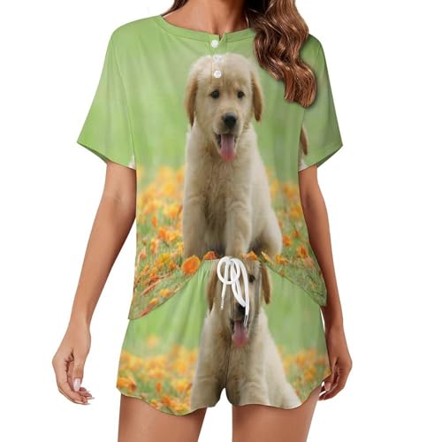 Pyjama court femme golden retriever en coton leger pour nuits dete