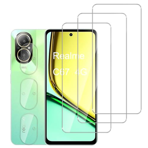 Jinshiweikai 6 Piezas: 3 x Protector Pantalla para Realme C67 y 3 x Protector Pantalla Protector de Lente de Cámara, Dureza 9H Antiarrayazos, Antihuellas, HD Ultraclaro