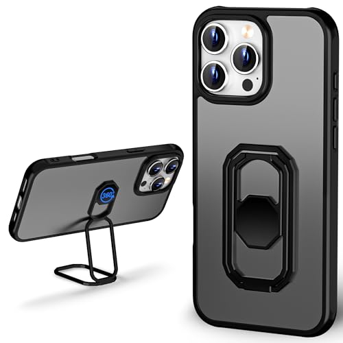 WINTONG Funda para iPhone 16 Pro Max con soporte de metal, funda trasera mate con soporte de doble anillo, soporte para dedo, plegable y ajustable, funda protectora translúcida a prueba de golpes,