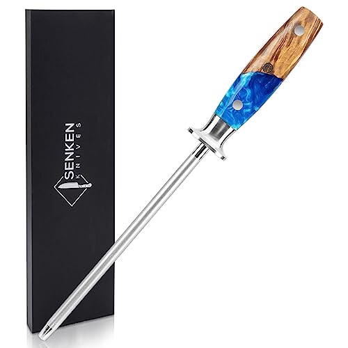 SENKEN Professional Sharpening Steel for Damascus Knives - Tsunami Collection - Incredibly Strong Emery Rod for Sharpening & Honing Knives Up to 63 HRC - Beautiful Blue Resin & Natural Wood Handle