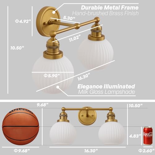Image of 2-Lights Bathroom Light Fixtures, Vintage Milk White Glass | hardwired gold wall mounted lamp for bathroom mirror to elevate decor & refresh older home's look,DIY-friendly,UL,E26