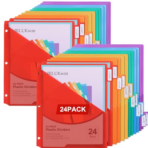 Intercalaires avec poche pour classeurs à 3 anneaux, lot de 24 intercalaires multicolores