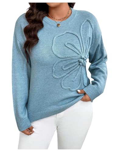 Image of Verdusa Women's Spring 3D Flower Appliques Crewneck Sweaters Long Sleeve Drop Shoulder Pullovers Knit Going Out Tops