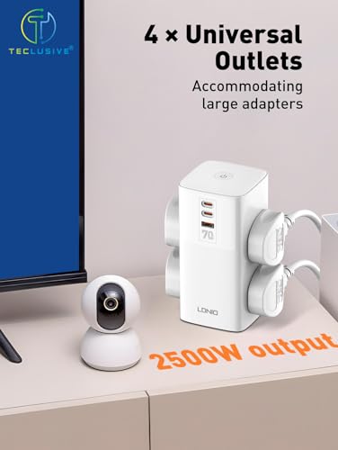 Image of T Teclusive 2500W Tower Extension Board Power Strip with USB C Ports | 4 Power Sockets with 70W Gan Type C QC PD Super Fast Charging | Vertical Multi Port Extension | 2M Power Cord
