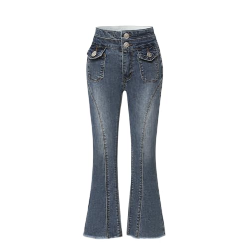Girls'Bell-Bottoms Jeans High Waisted Pants Double Buttons Frayed Edges Foot Multiple Pockets Flare Pants Fashionable Style