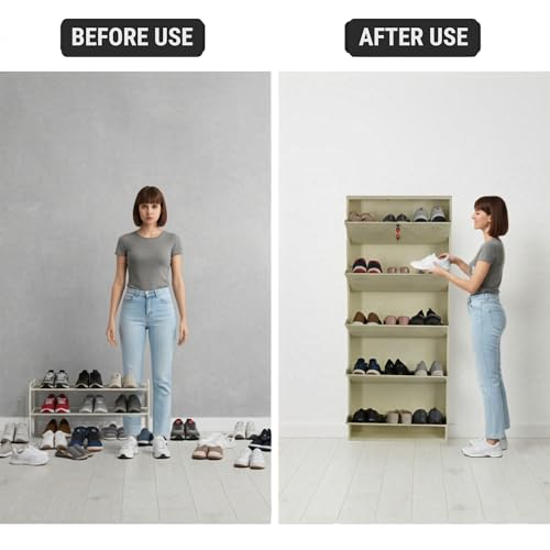 Image of 5 Door Wall Mounted Metal Shoe Rack Cabinet with Lock | Space Saving Shoe Storage Cabinet for Home, Entryway & Balcony | Dustproof Ventilated Shoe Organizer | Ivory | 63 x 26 x 6 Inch