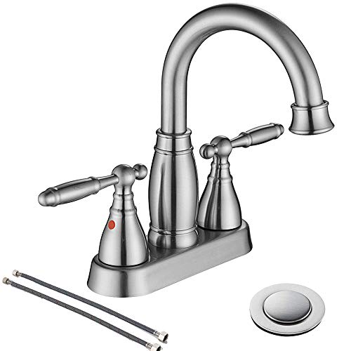 Brushed Nickel 2 Handles 4 Inch Stainlees Steel Lavatory Bathroom Faucet By Phiestina, Modern Contemporary Centerset Bathroom Faucet For Sink With Copper Pop Up Drain And Water Supply Lines, BF17-4-BN