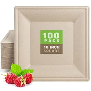 Gezond 100 Pack Compostable Square Plates 10 Inch Disposable Paper Plates Sugarcane Square Dinner Plates Unbleached Eco-friendly Large Plates for Party