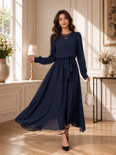 Image of LITZO Women's One Piece Dress - Georgette Solid Color Western Gown | Long Sleeve Round Neck Fit & Flare Flared Hem Design | A-Line Maxi Dress for Women | New Year Party Outfit (NO-14-16)