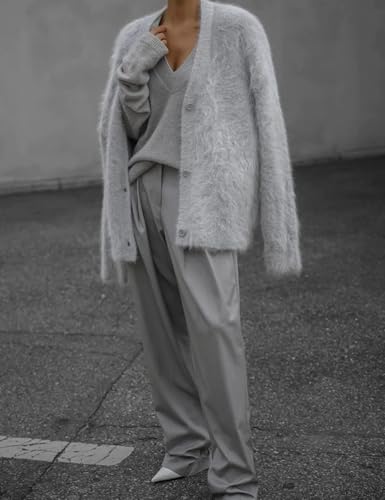 Image of COZYPOIN Womens Fuzzy Cardigan Sweater V Neck Button Down Soft Knit Coat | Loose, Comfy, Slouchy Drop Shoulder, Long Sleeve Fluffy Mohair, Warm, For Daily Work Holiday, Spring Fall Winter Fashion
