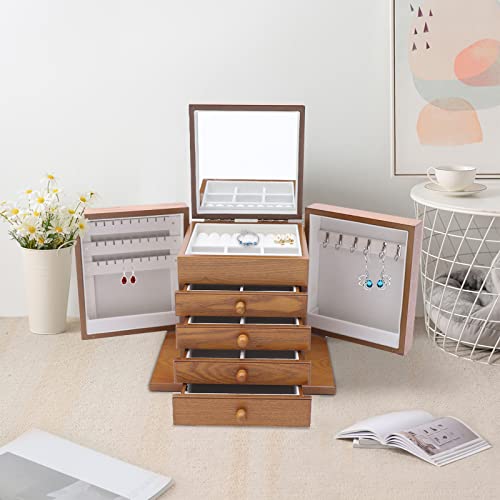 Vintage-Schmuck-Organizer-Box – 5-lagige Vitrine mit 4 Schubladen und Spiegel für Uhren, Halsketten, Ringe und Ohrringe – florales geschnitztes Design für Frauen und Mädchen