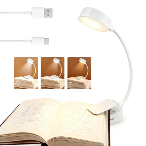 halercay Lampara Libro Lectura, Luz para libros con clip, Luz Lectura para Lectores Noche,360° Flexible, 3 Brillos Ajustables, Lámpara portátil para Libros, Escritorio y Sofá (Blanco)