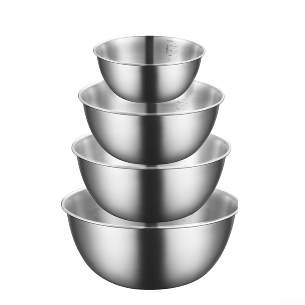 Set di 4 ciotole in acciaio inox con segni di misurazione per cuocere insalate e preparazioni di insalate, lavabili in lavastoviglie, color argento, da 16 cm a 24 cm
