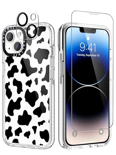 GULTMEE [3 in 1 Designed for iPhone 14 Case Cute Cow Print with Built-in Bumper Shockproof Protective Phone Case Cover for iPhone 14 Cases 6.1' Tempered Glass Screen Protector + Camera Lens Protector