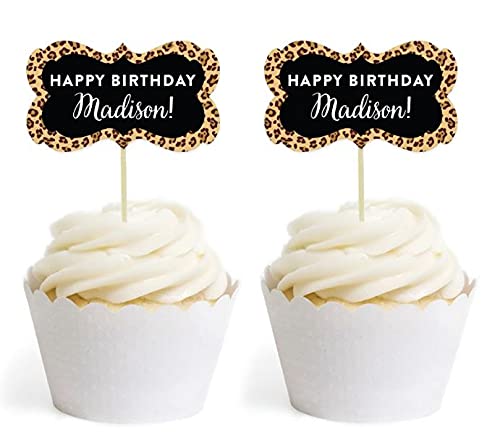 Andaz Press Personalized Birthday Cupcake Toppers DIY Party Favors Kit, Leopard Cheetah Print, Double-Sided, 18-Pack, Custom Name