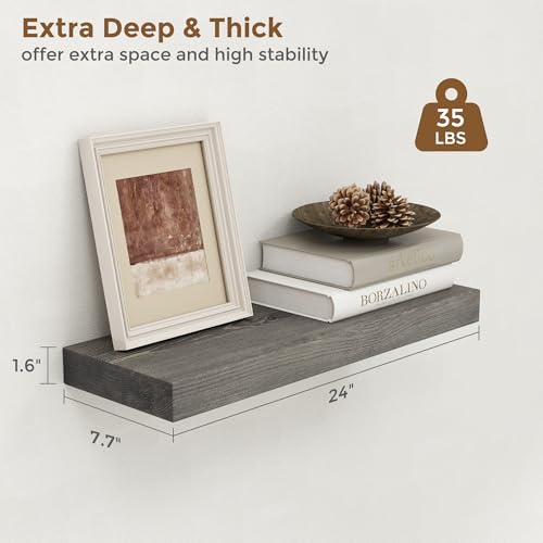 Image of Marsmiles Wood Floating Shelves for Wall - 24 Inch Grey Wood Floating Shelves Set of 2-24 Inch Wide x 7.7 Inch Deep x 1.6 Inch Thick Rustic Wooden Shelves for Room Wall