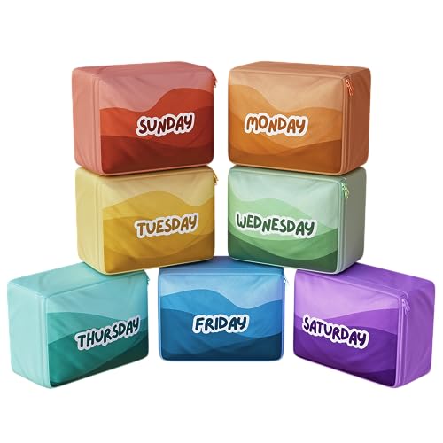 Juego de 7 cubos de embalaje para los días de la semana para niños y bebés, organizadores de maleta para niños y niñas, campamento de verano, crucero y vacaciones familiares (tamaño grande)