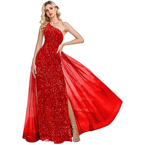 One Shoulder Sequin Prom Dresses for Women Tulle Ball Gown Long Formal Evening Gowns 2024 Size 14, Red Cover