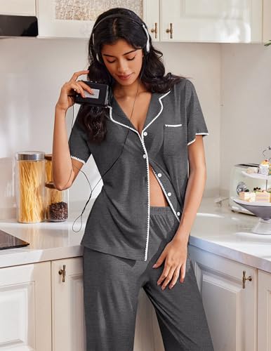 Image of Ekouaer Pajamas for Women Set Button Up Soft Pjs Short Sleeve 2 Piece Lounge Sets Comfy Sleepwear