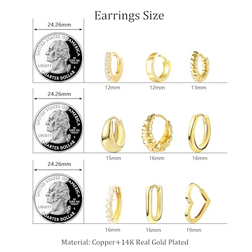 9 Pairs Small Gold Huggie Hoop Earrings Set for Women, 14K Real Gold Plated Hypoallergenic Cartilage Earring, Lightweight Tiny Gold Hoop Earrings for Gift2