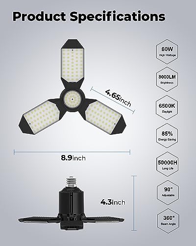 Image of toberich - LED Garage Light Bulbs, 2 Pack 8000LM with 3+1 Deformable Panels, 6500K Screw-in Ceiling Lights for Garage, Workshop, Workbench, Basement