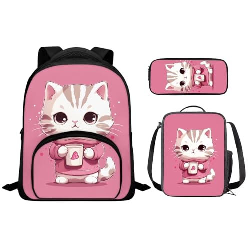Noteligou Linda mochila escolar de gato para niños y niñas, bonita mochila para la escuela primaria, 3 bolsas escolares con bolsa de almuerzo, bonita mochila escolar para niños de 3º grado, bolsa de
