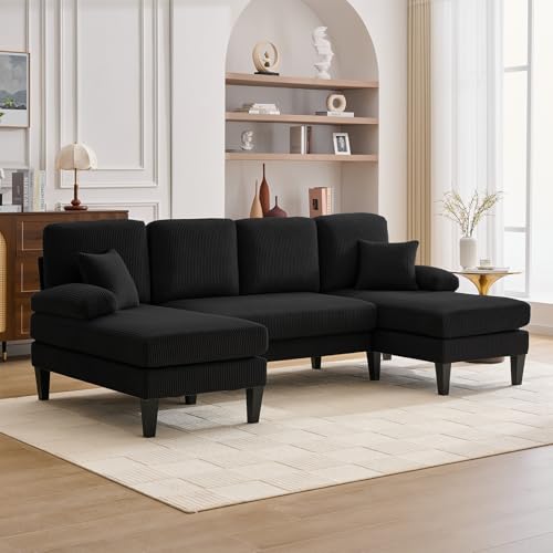 Image of 98 inch Sectional Couches for Living Room, U Shaped Couch with 18 inch Seat Height, 4 Seater Couch Set with Double Chaise for Apartment, Living Room Sofas, Corduroy, Black