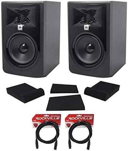 (2) JBL 305P MkII 5" 2-Way Powered Studio Monitoring Speaker Bundle with Rockville RCXFM20E-B 20 Foot Female to Male XLR Mic Cable and (2) Pair RRS190S Foam Studio Monitor Isolation Pads (5 Items)
