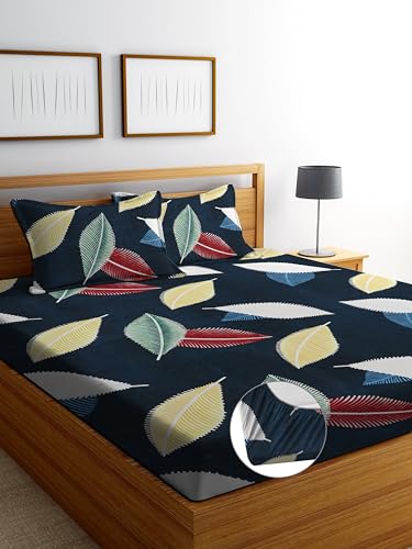 Image of DECORUM Glace Cotton Fitted 1 Bedsheet King Size (72 inchx78 inch) | All Around Elastic | Cotton Feel | 2 Pillow Covers (17 inchx27 inch) | Fits Up to 8 inch Mattress | 200-220 TC | Printed Double Bed Sheet Set