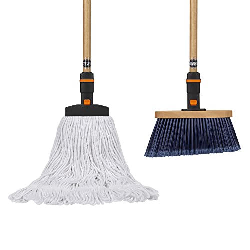 Swopt Premium Multi-Surface Angle Broom, Cotton Mop + 48” & 60" Eva Foam Comfort Grip Wooden Handles, Combo — Cleaning Heads With Long Handles Interchangeable With All Swopt Cleaning Products #TOP1