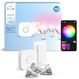  Philips Hue Essential Kit de démarrage : pont + 3 ampoules intelligentes GU10 essentielles + variateur d\'intensité, ambiance blanche et couleur, 2200 K-6500 K, intensité variable, Alexa, Google