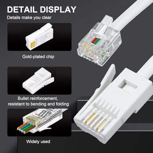 HDXH Telephone Cable Phone Cable for Landline ADSL Modem Cable 2M,BT to RJ11,UK Telephone Plug to RJ11 Lead For British home fixed telephone lines,Devices as fax machines,Telephones etc（white，2M） - Image 2
