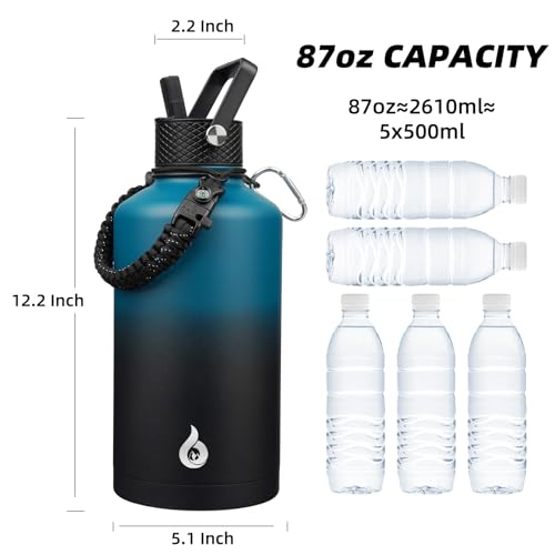 Image of BJPKPK 2 /3 Gallon Water Bottle with Straw Lid, 87oz Large, Stainless Steel Water Bottles with 3 Lids and Paracord Strap, Double Wall Vacuum Metal Jug, Blue & Black